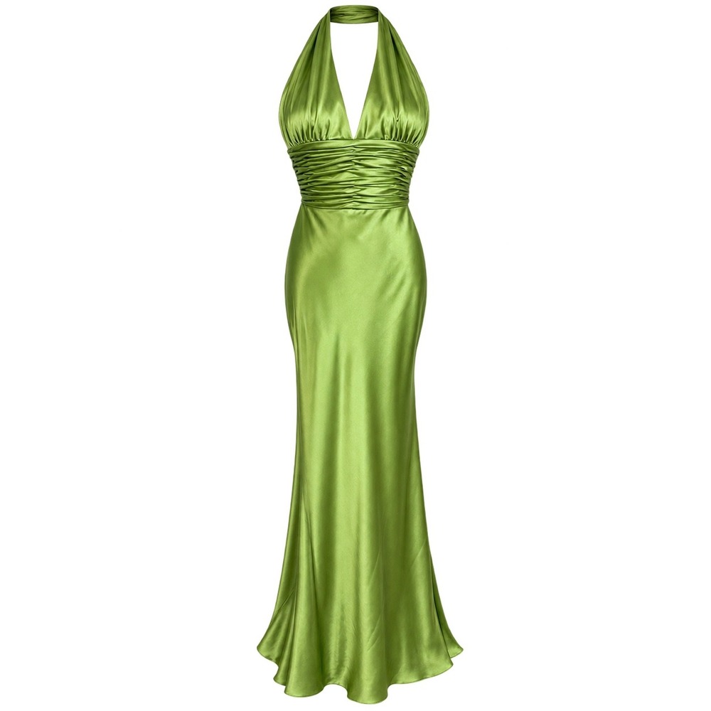 VTG Adrianna Papell Silk Halter Gown Dress Women 4 Green Y2K Formal Evening HOCO